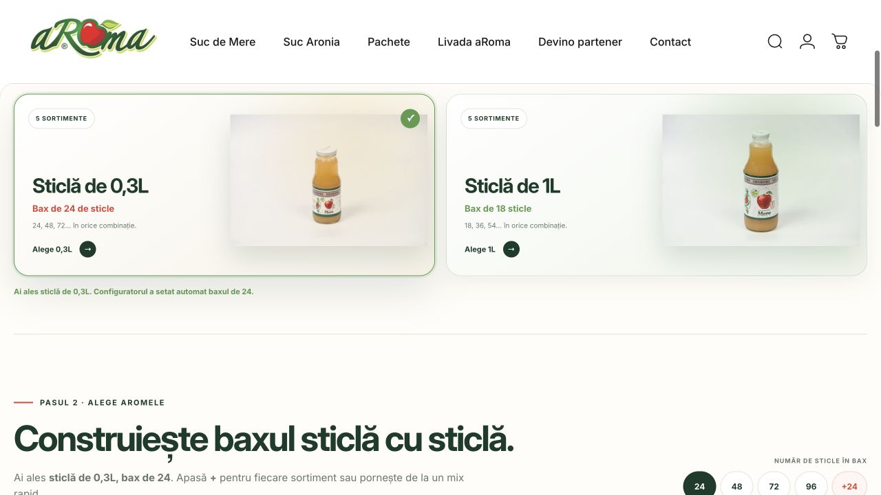 Alegerea formatului de 0,3L sau 1L în configuratorul Shopify custom Suc aRoma