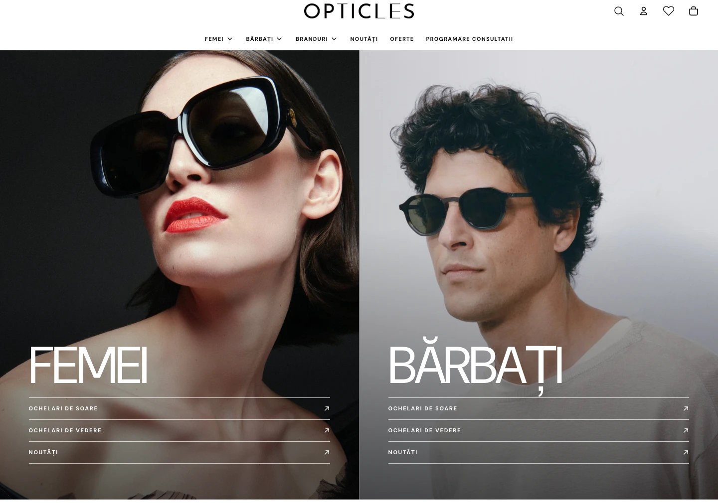 Homepage Opticles pe Shopify, cu prezentarea editorială a colecțiilor pentru femei și bărbați