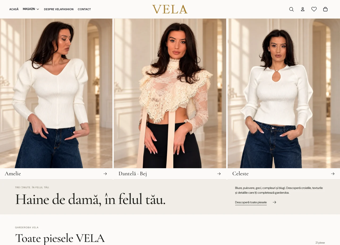 Magazinul VelaFashion pe Shopify: logo auriu și trei fotografii editoriale cu piesele Amelie, Dantelă Bej și Celeste