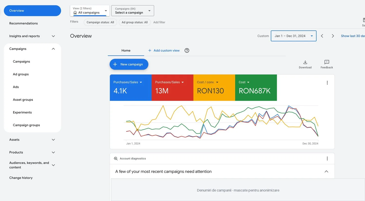 Google Ads, 2024 — cost 687 mii lei, 4,1 mii conversii atribuite, valoare atribuită 13 mil. lei; denumirile de campanii sunt mascate