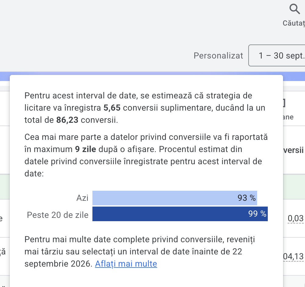 Google Ads · cheltuială și raportare — Întârziere conversii